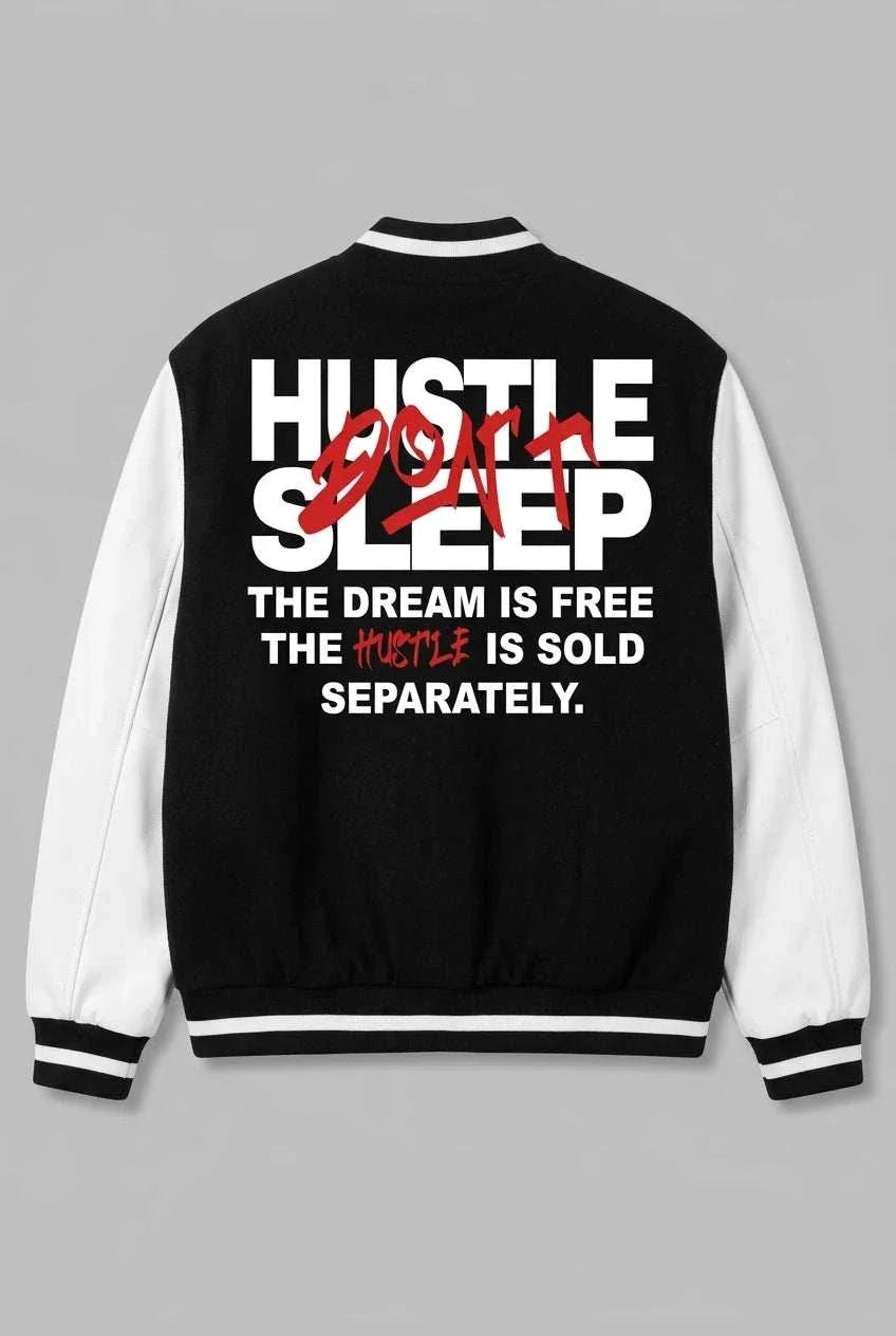 Varsity jacket, Popular men's baseball jacket in black with white sleeves, bold white and red back slogan, and striped ribbed trim.