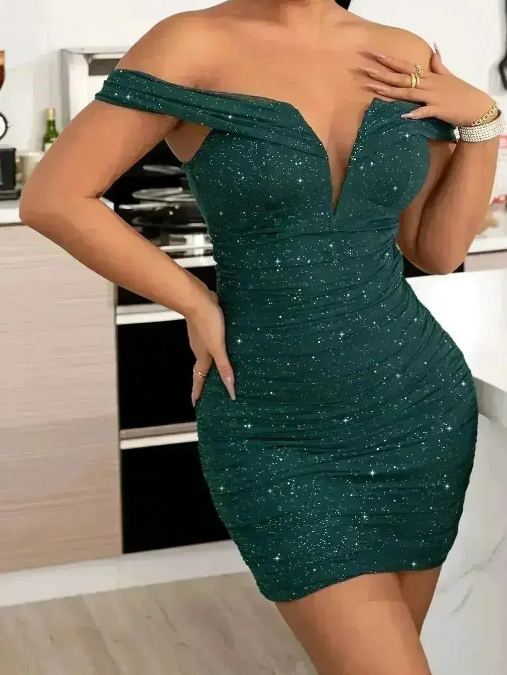 Glitter Ruched Off-Shoulder Bodycon Dress Femstylo