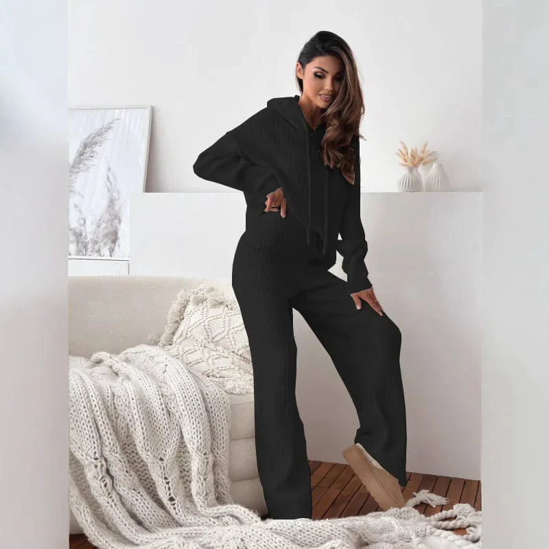 Solid Color Hooded Knitted Lounge Set for Women – Autumn Winter Two-Piece Outfit - # GIAA23910007 Yo KIDZ LLC
