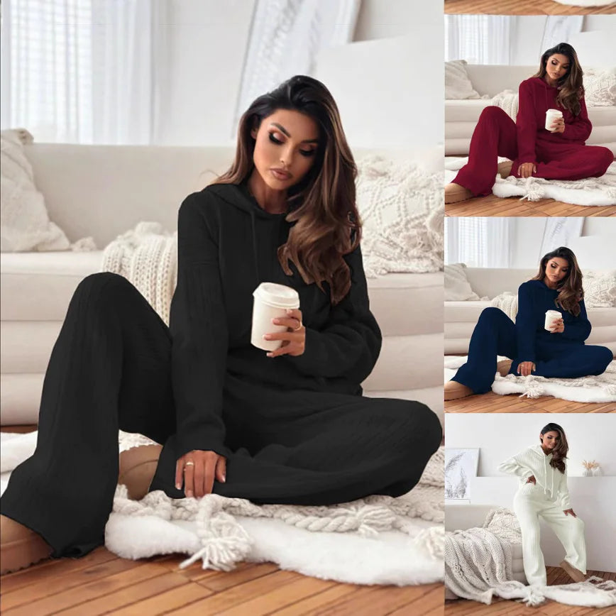 Solid Color Hooded Knitted Lounge Set for Women – Autumn Winter Two-Piece Outfit - # GIAA23910007 Yo KIDZ LLC