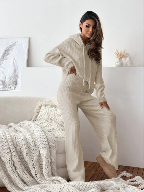 Solid Color Hooded Knitted Lounge Set for Women – Autumn Winter Two-Piece Outfit - # GIAA23910007 Yo KIDZ LLC