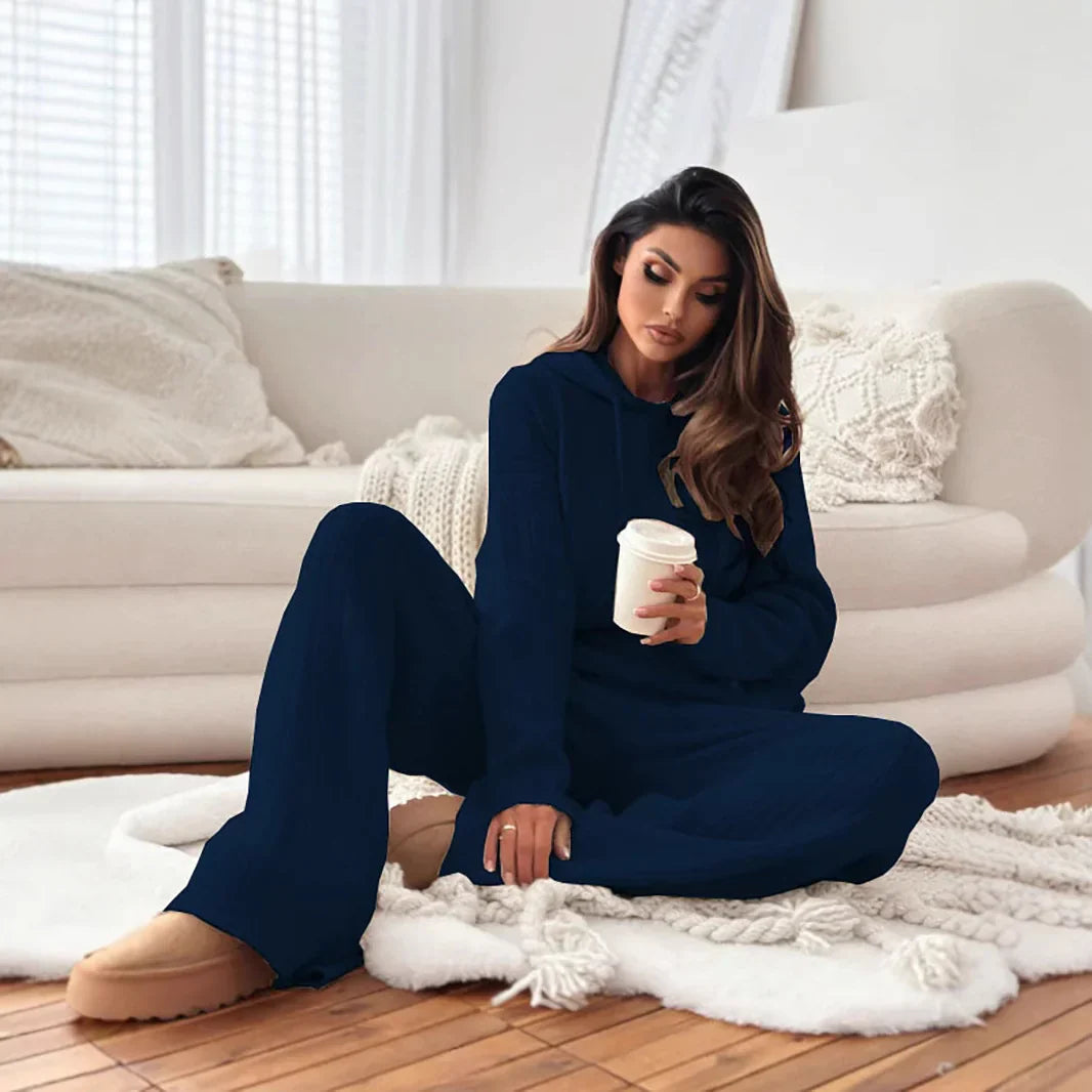 Solid Color Hooded Knitted Lounge Set for Women – Autumn Winter Two-Piece Outfit - # GIAA23910007 Yo KIDZ LLC