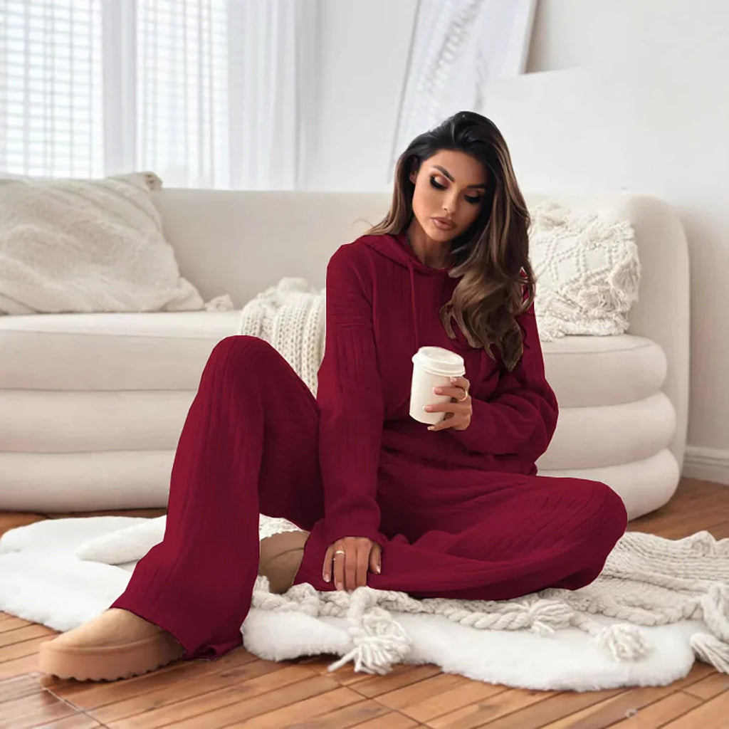 Solid Color Hooded Knitted Lounge Set for Women – Autumn Winter Two-Piece Outfit - # GIAA23910007 Yo KIDZ LLC