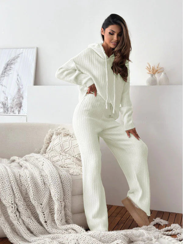 Solid Color Hooded Knitted Lounge Set for Women – Autumn Winter Two-Piece Outfit - # GIAA23910007 Yo KIDZ LLC