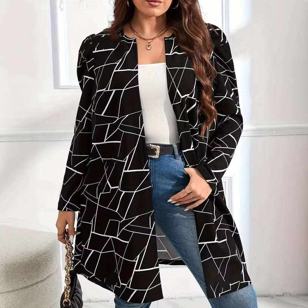 Unwritten Style — Abstract Line Longline Blazer, a black long-sleeve open-front coat with bold white geometric line print