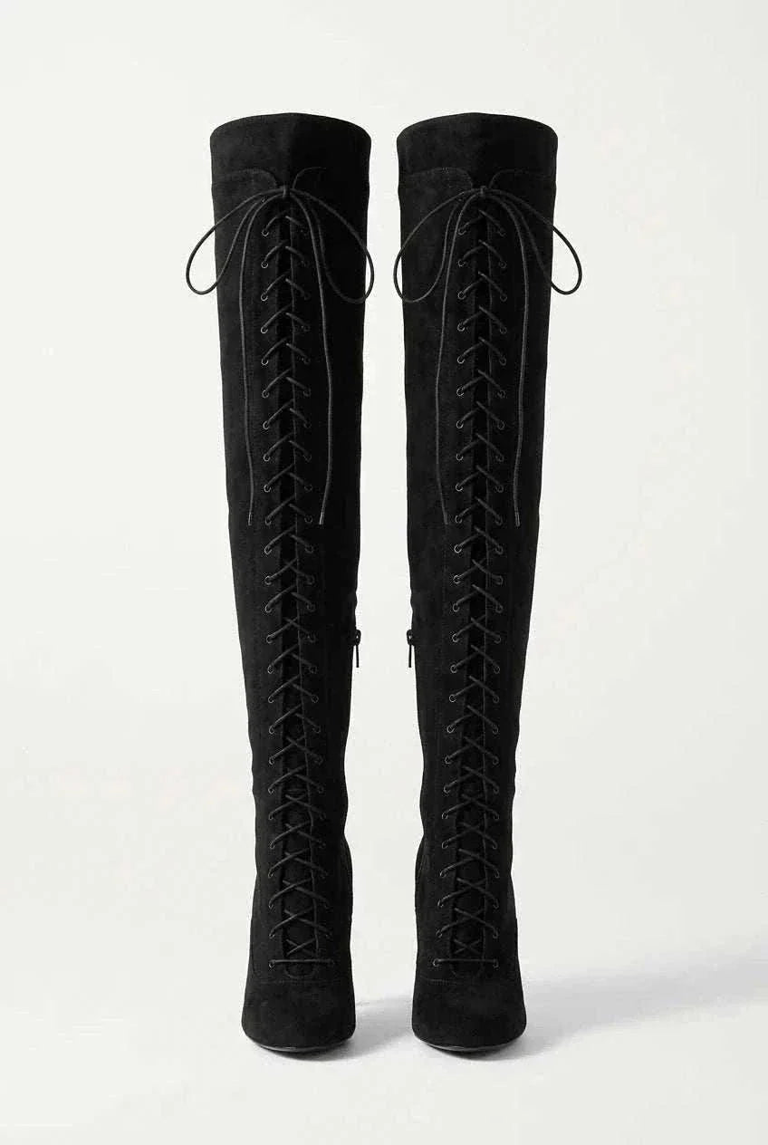 UnWritten Style thigh-high black suede boots with full-length front lacing, rounded toes and slim heels