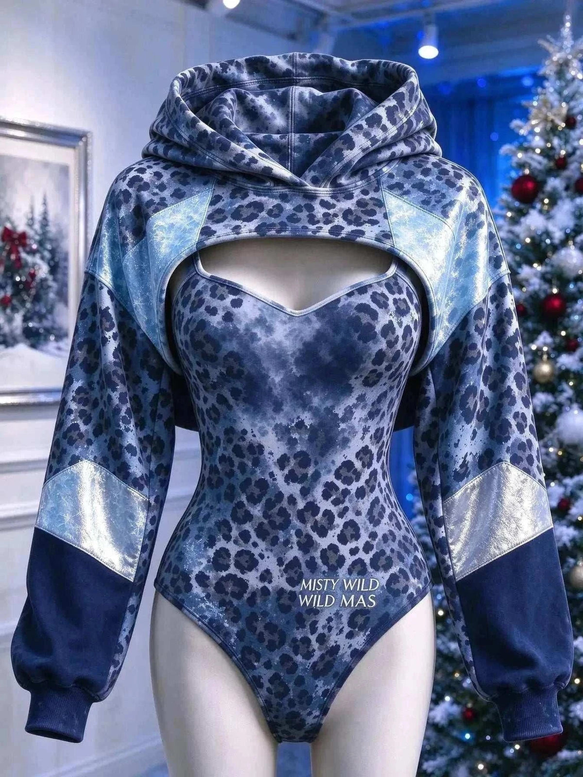 UnWritten Style bodysuit and cropped hoodie set in blue leopard print with a bold chest cutout and contrasting panels