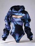 UnWritten Style hoodie bodysuit in blue, violet and black abstract swirls, with a chest cutout and oversized sleeves