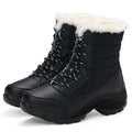 Unwritten Style — Cozy Luxe Winter Boots in black with white faux-fur cuffs, patterned laces and chunky rugged soles