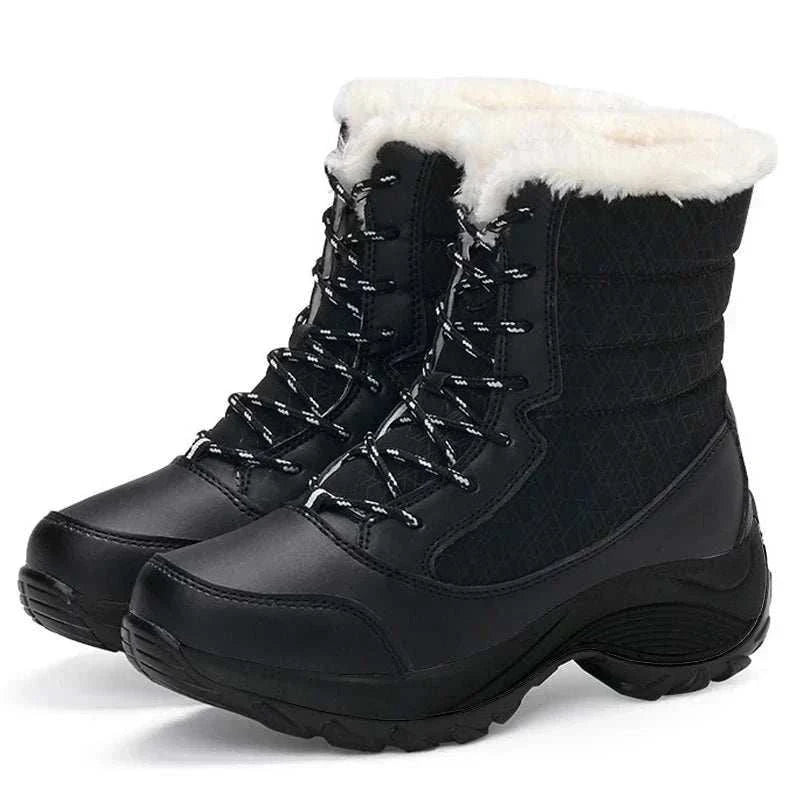Unwritten Style — Cozy Luxe Winter Boots in black with white faux-fur cuffs, patterned laces and chunky rugged soles