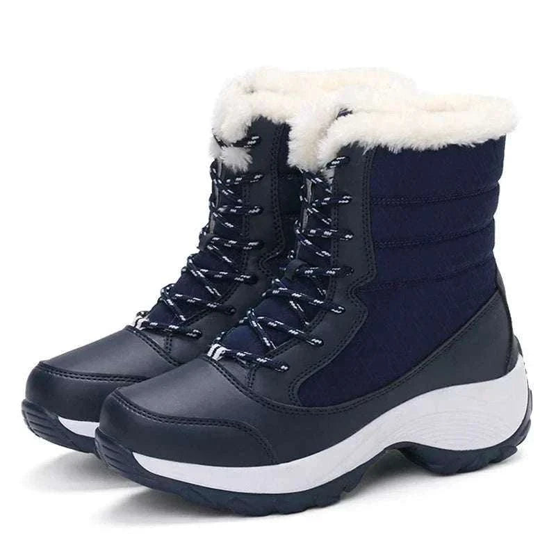 Unwritten Style — Cozy Luxe Winter Boots in navy with black panels, white faux-fur cuffs, patterned laces and chunky soles