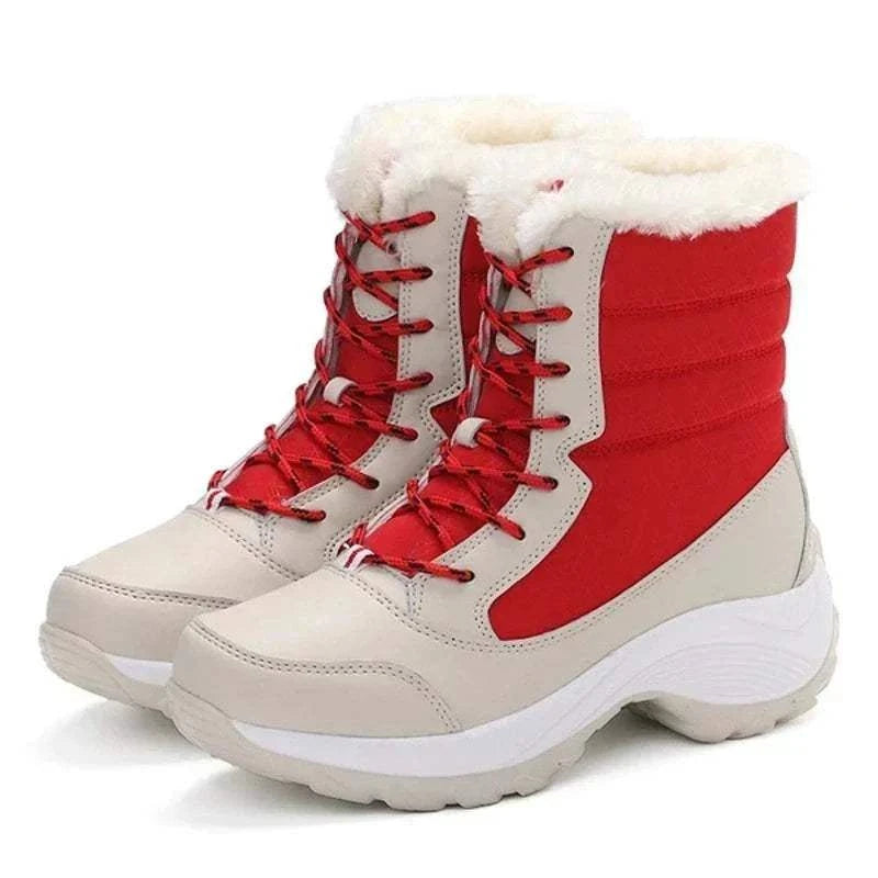 Unwritten Style — Cozy Luxe Winter Boots in red and beige, with white faux-fur cuffs, red laces, and chunky soles