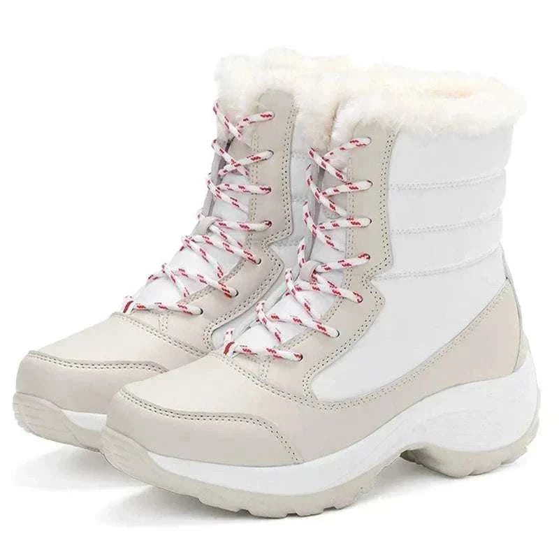 Unwritten Style — Cozy Luxe Winter Boots in white and beige with red-detailed laces, plush fur trim and chunky soles