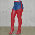 UnWritten Style denim and boot fusion with blue jean shorts, red leather-look thigh-high heels and matching belt