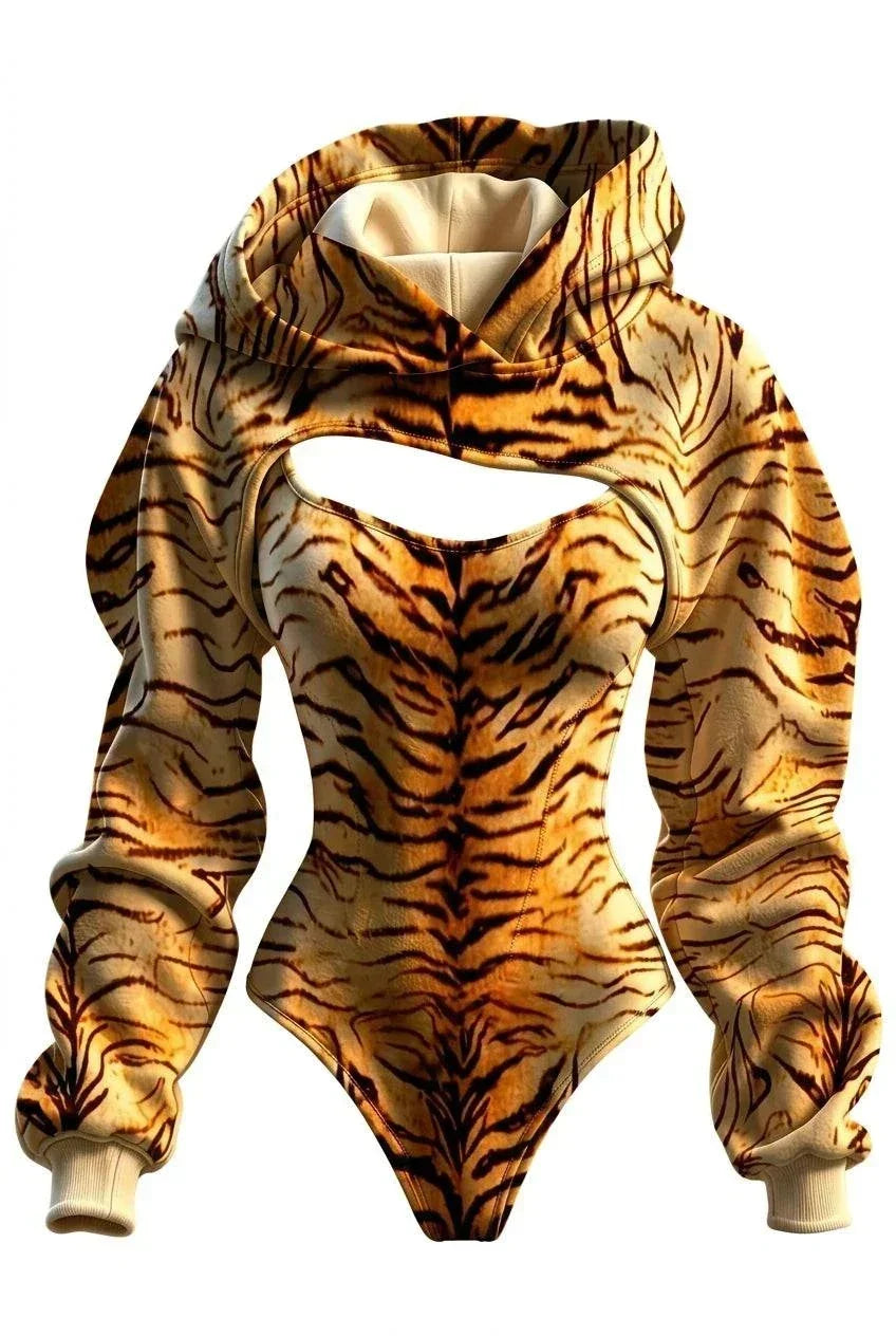 UnWritten Style hooded bodysuit in golden amber and black tiger stripes, with chest cutout and ribbed cuffs