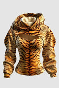 UnWritten Style hooded top in golden amber and black tiger stripes, with long sleeves and a chest cutout