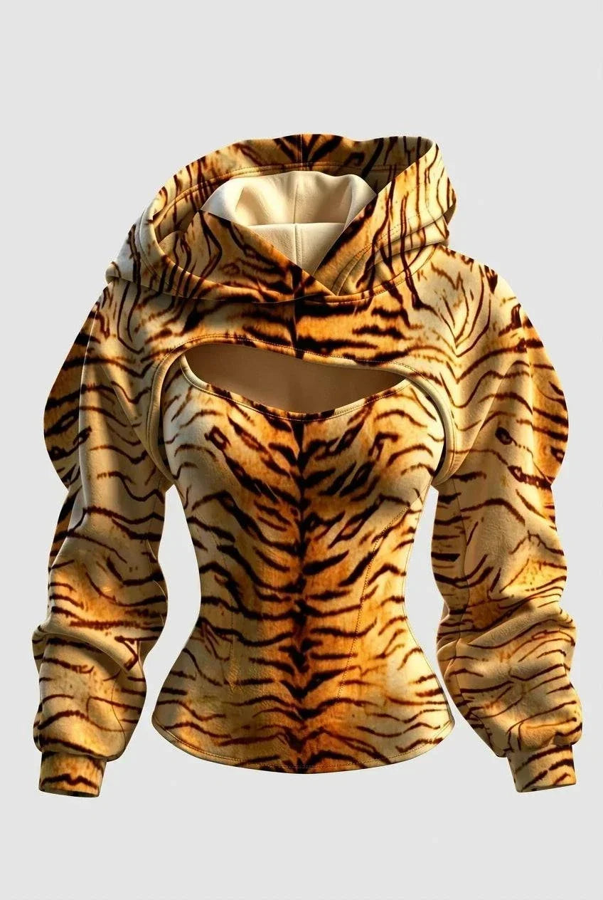 UnWritten Style hooded top in golden amber and black tiger stripes, with long sleeves and a chest cutout