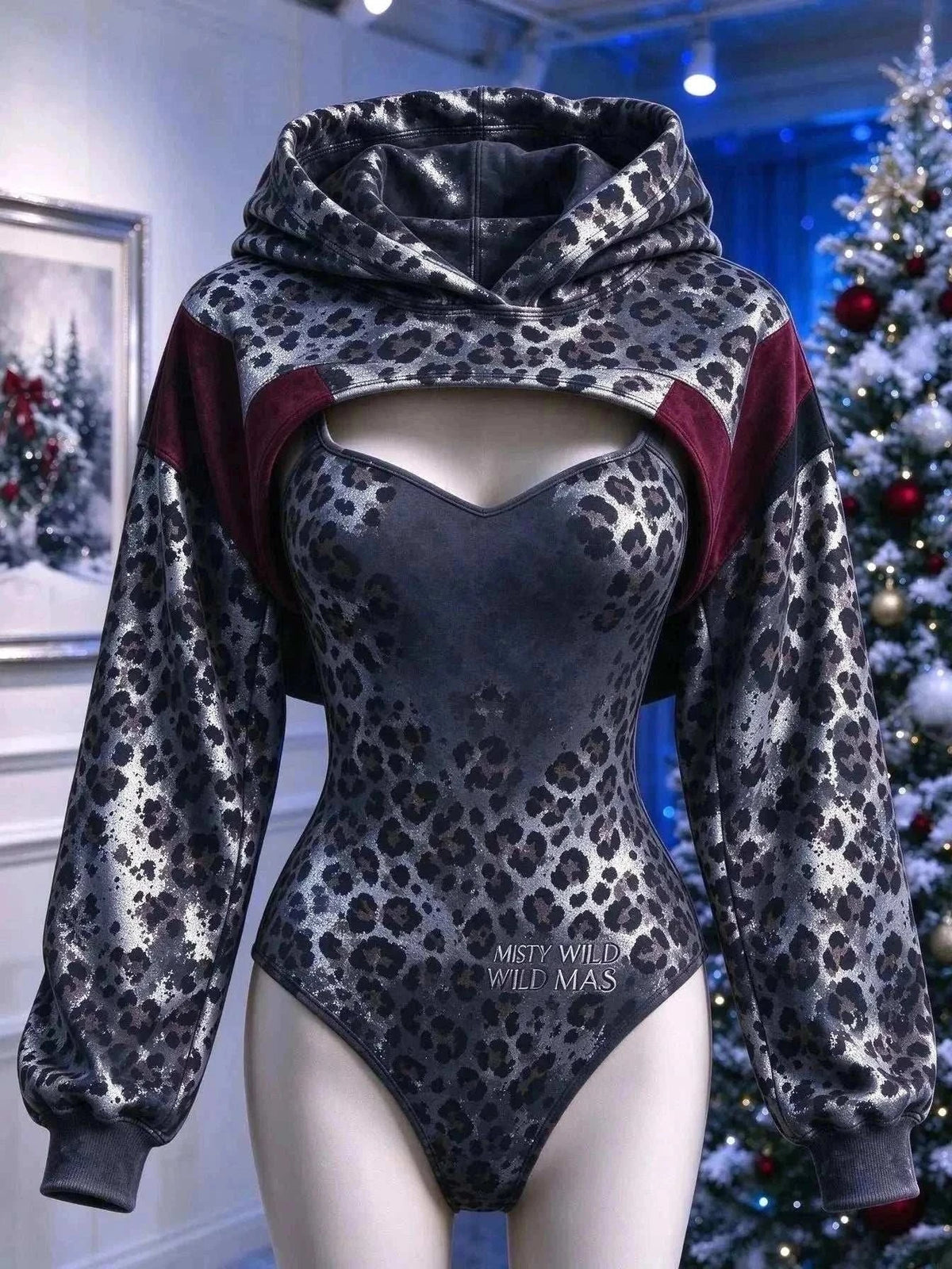 UnWritten Style leopard print bodysuit and cropped hoodie set in grey and black with burgundy accents and a chest cutout
