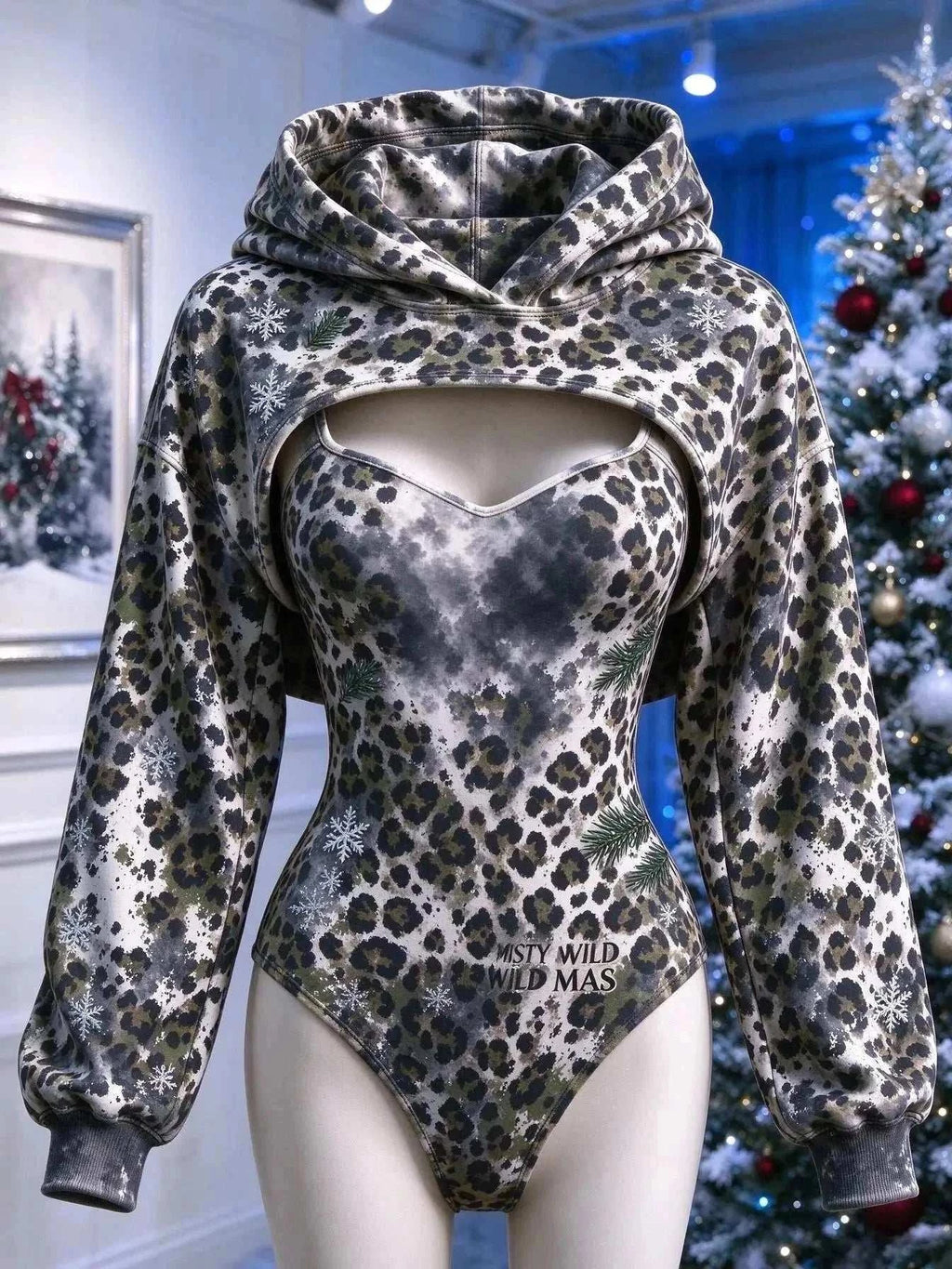 UnWritten Style leopard-print bodysuit and cropped hoodie set in grey and black, with snowflake accents and a front cutout