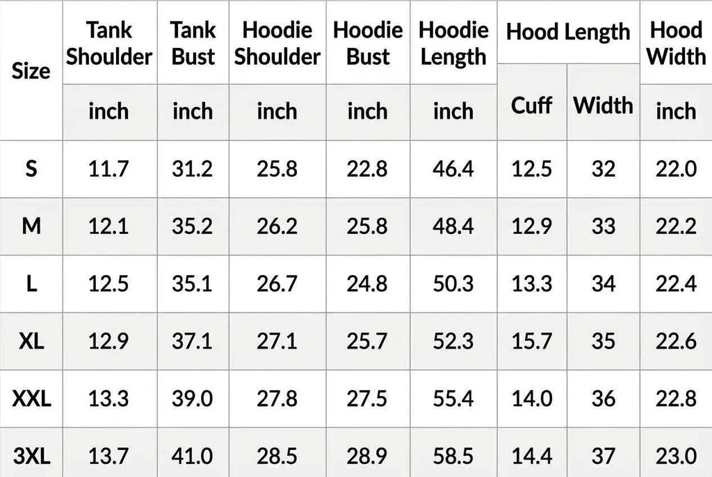 UnWritten Style hoodie size chart listing S to 3XL measurements for tank, shoulder, bust, length, cuff, and hood width