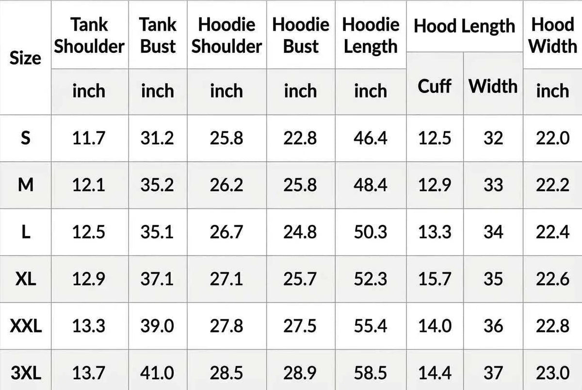 UnWritten Style hoodie size chart listing S to 3XL measurements for tank, shoulder, bust, length, cuff, and hood width