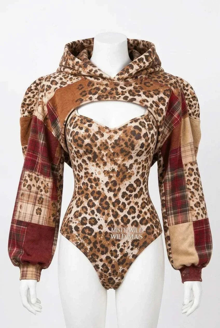 UnWritten Style leopard-print bodysuit and cropped hoodie set in brown tones, with plaid sleeves and a front cutout