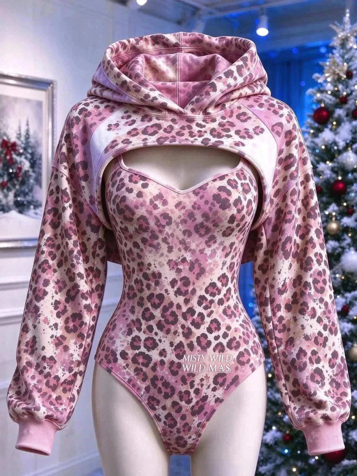 UnWritten Style leopard-print bodysuit and cropped hoodie set in pink and mauve with a front cutout