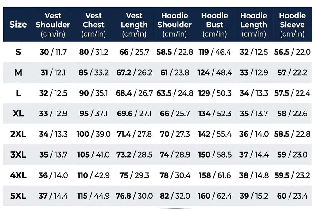 UnWritten Style size chart listing vest and hoodie shoulder, chest, length, bust, and sleeve measurements from S to 5XL.
