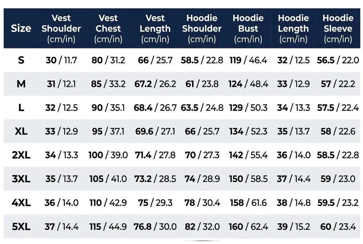 UnWritten Style size chart listing vest and hoodie shoulder, chest, length, bust, and sleeve measurements from S to 5XL.