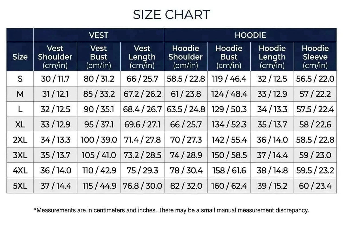 UnWritten Style size chart showing vest and hoodie measurements in centimeters and inches across sizes S to 5XL